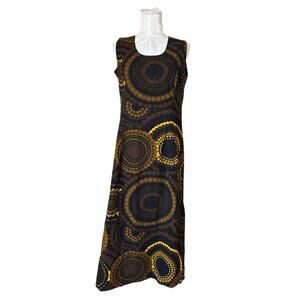 Vintage Brown Yellow Abstract Shift Dress Womens Sz Small Sleeveless Maxi Earthy